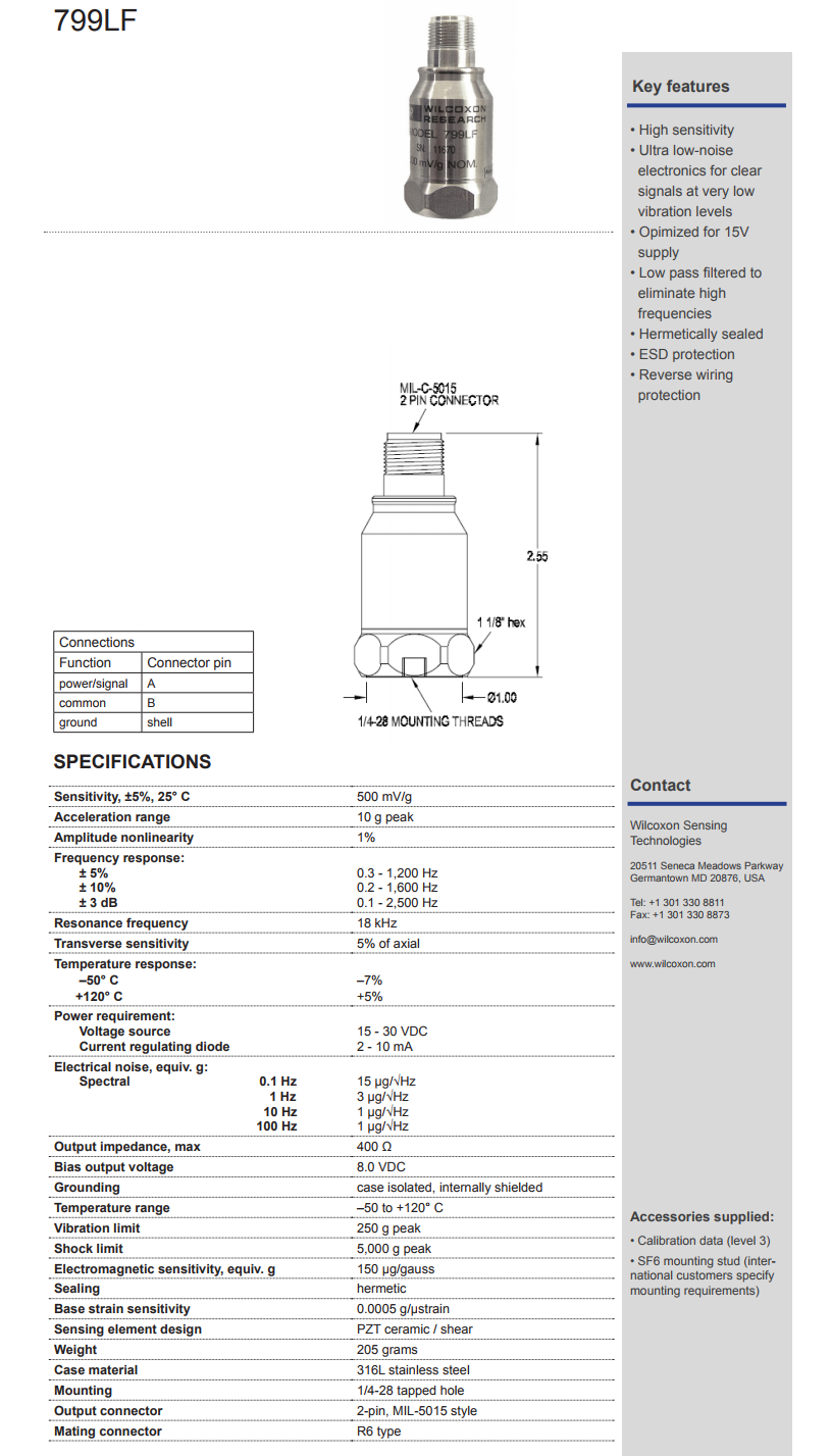 威尔康森优质过滤振动传感器799LF型技术参数
