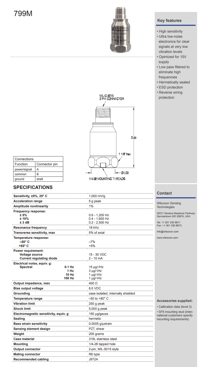 威尔康森优质过滤，高灵敏度振动传感器799M型技术参数
