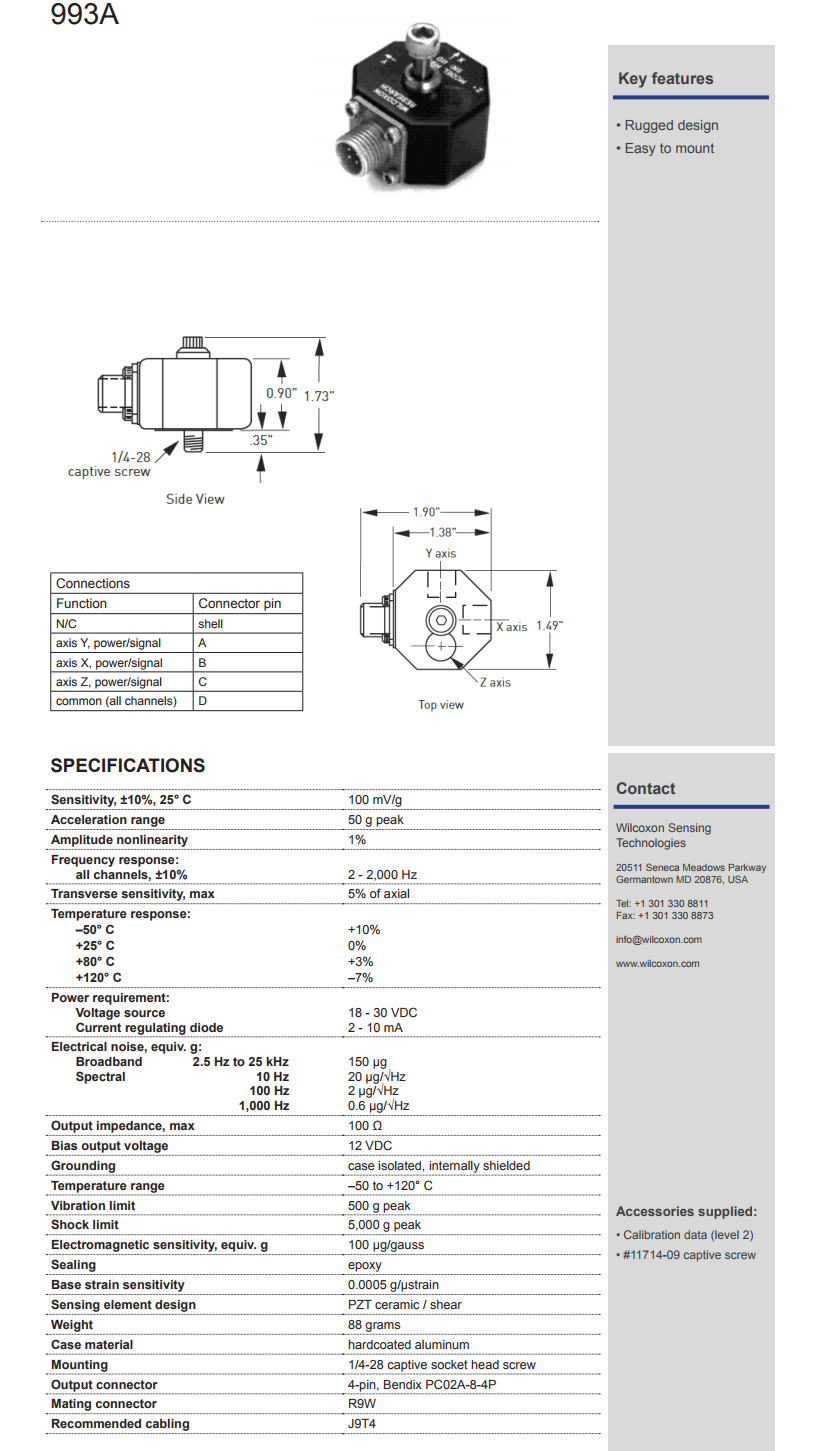 威尔康森三轴振动传感器993A型技术参数