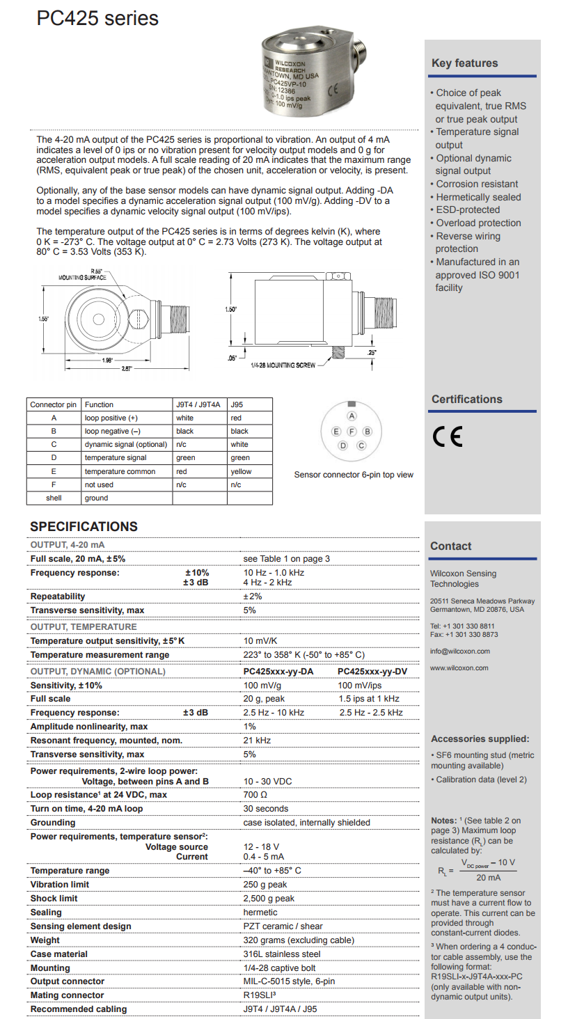 威尔康森4-20mA回路供电的振动传感器PC425VP-10型技术参数