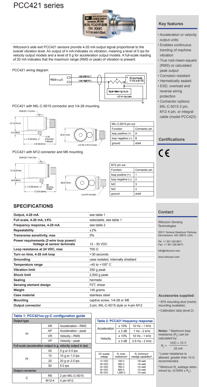 威尔康森4-20mA回路供电振动传感器PCC421AR-05-M12-4型技术参数