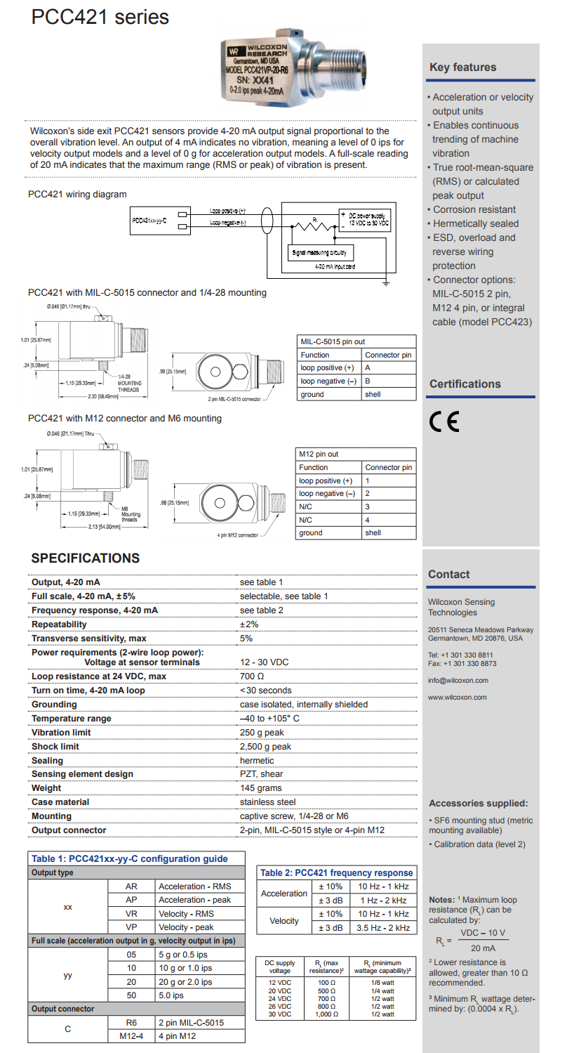 威尔康森4-20mA回路供电振动传感器PCC421VR-10-M12-4型技术参数