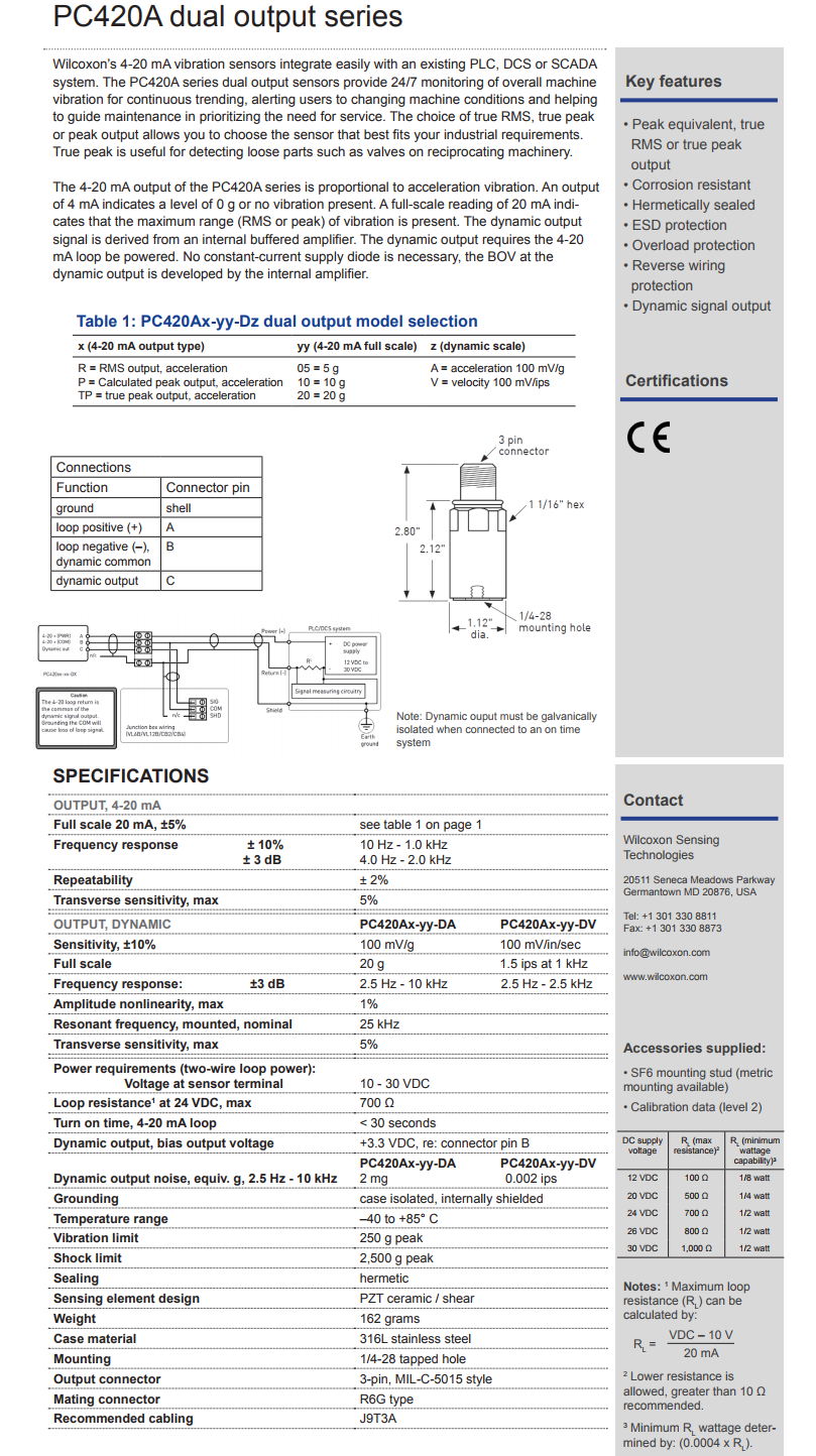威尔康森带有动态振动输出的4-20mA回路供电振动传感器PC420AR-20-DA型的技术参数