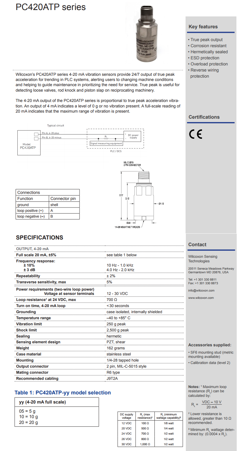 威尔康森4-20mA回路供电振动传感器PC420ATP-20型技术参数