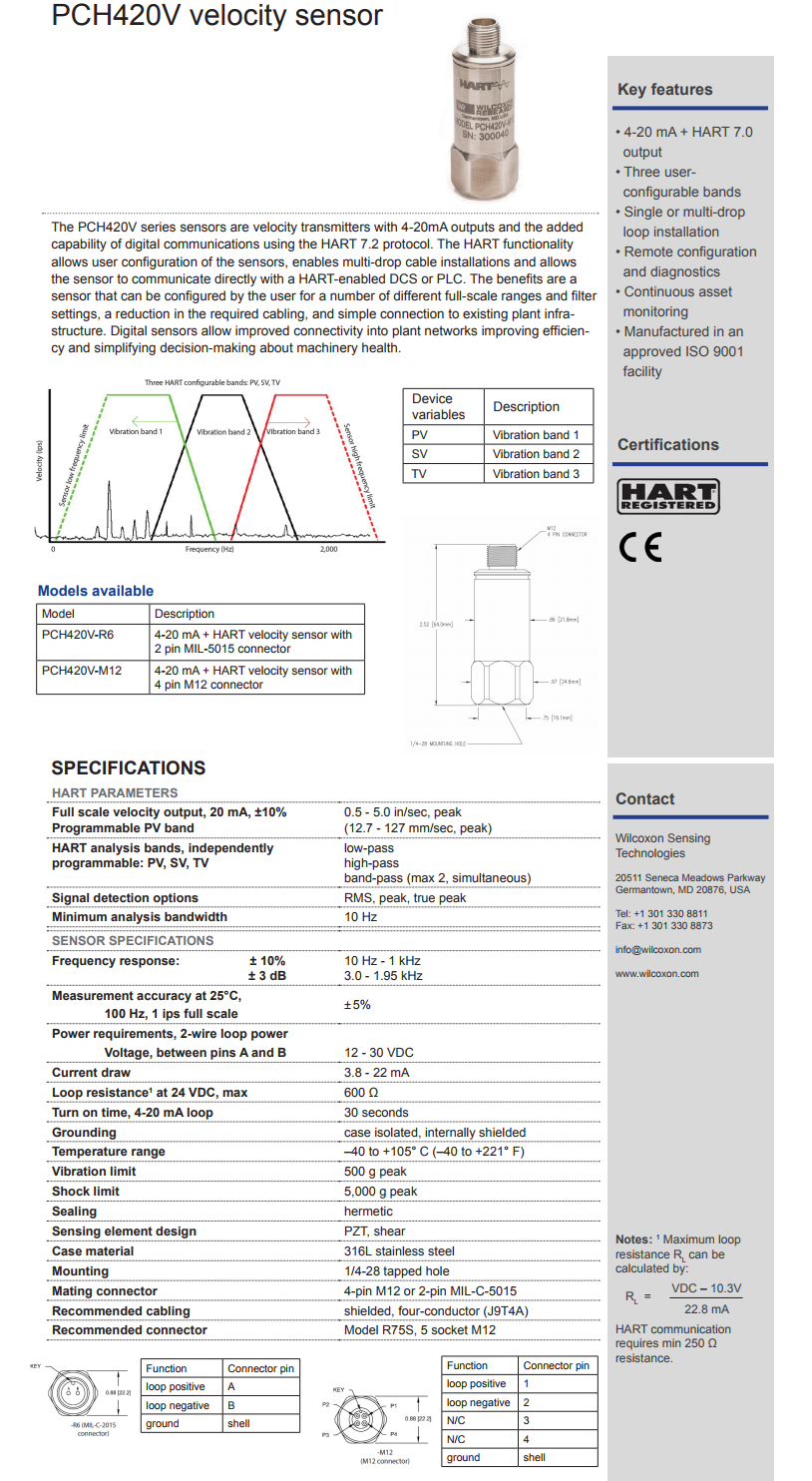 威尔康森支持HART的4-20mA速度振动传感器PCH420V-M12-HZ型技术参数