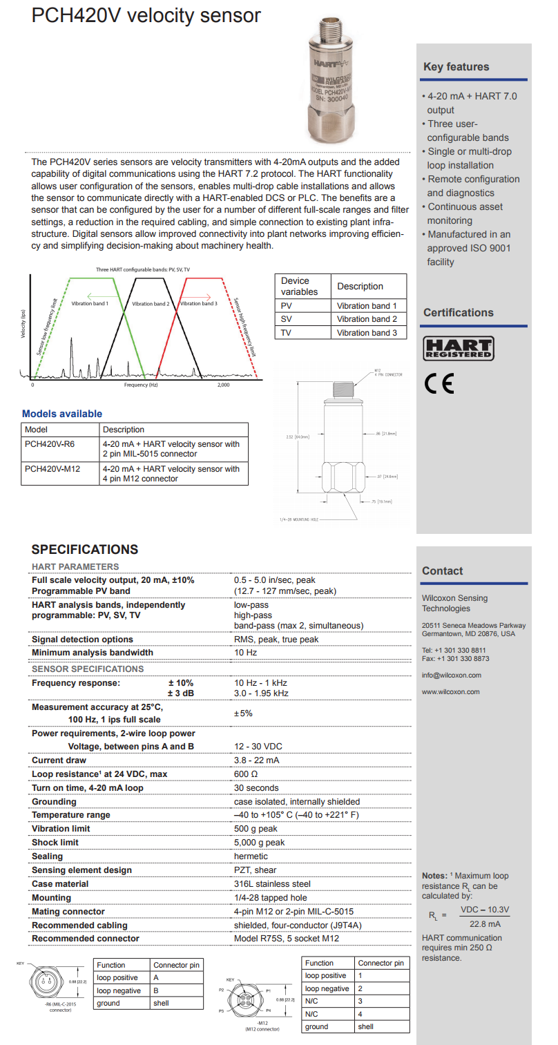 威尔康森支持HART的4-20mA速度振动传感器PCH420V-R6型技术参数