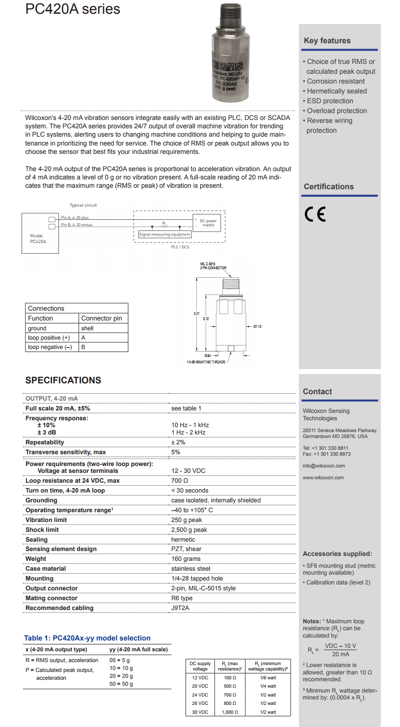 威尔康森4-20mA回路供电振动传感器PC420AR-05型技术参数