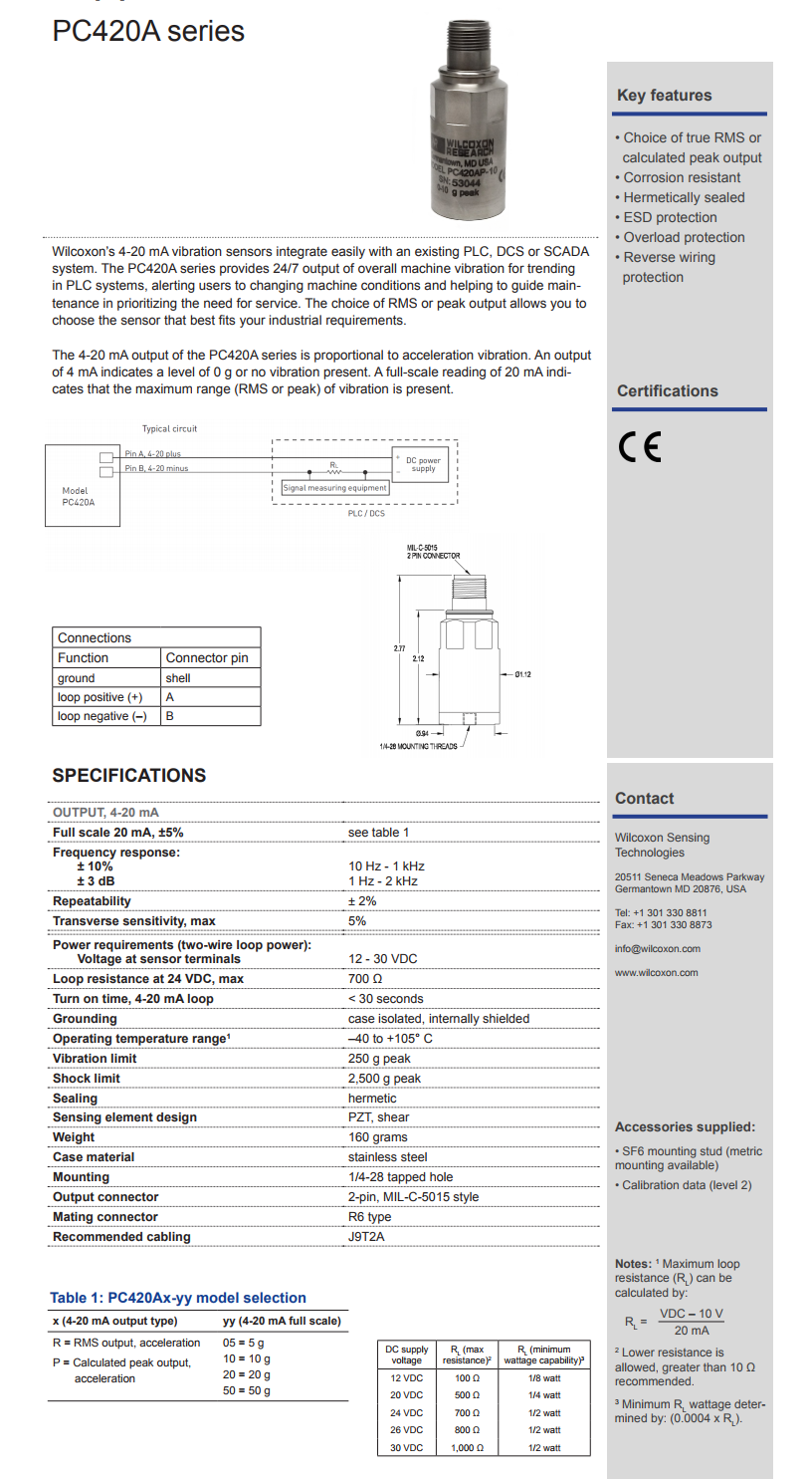 威尔康森4-20mA回路供电振动传感器PC420AR-10型技术参数