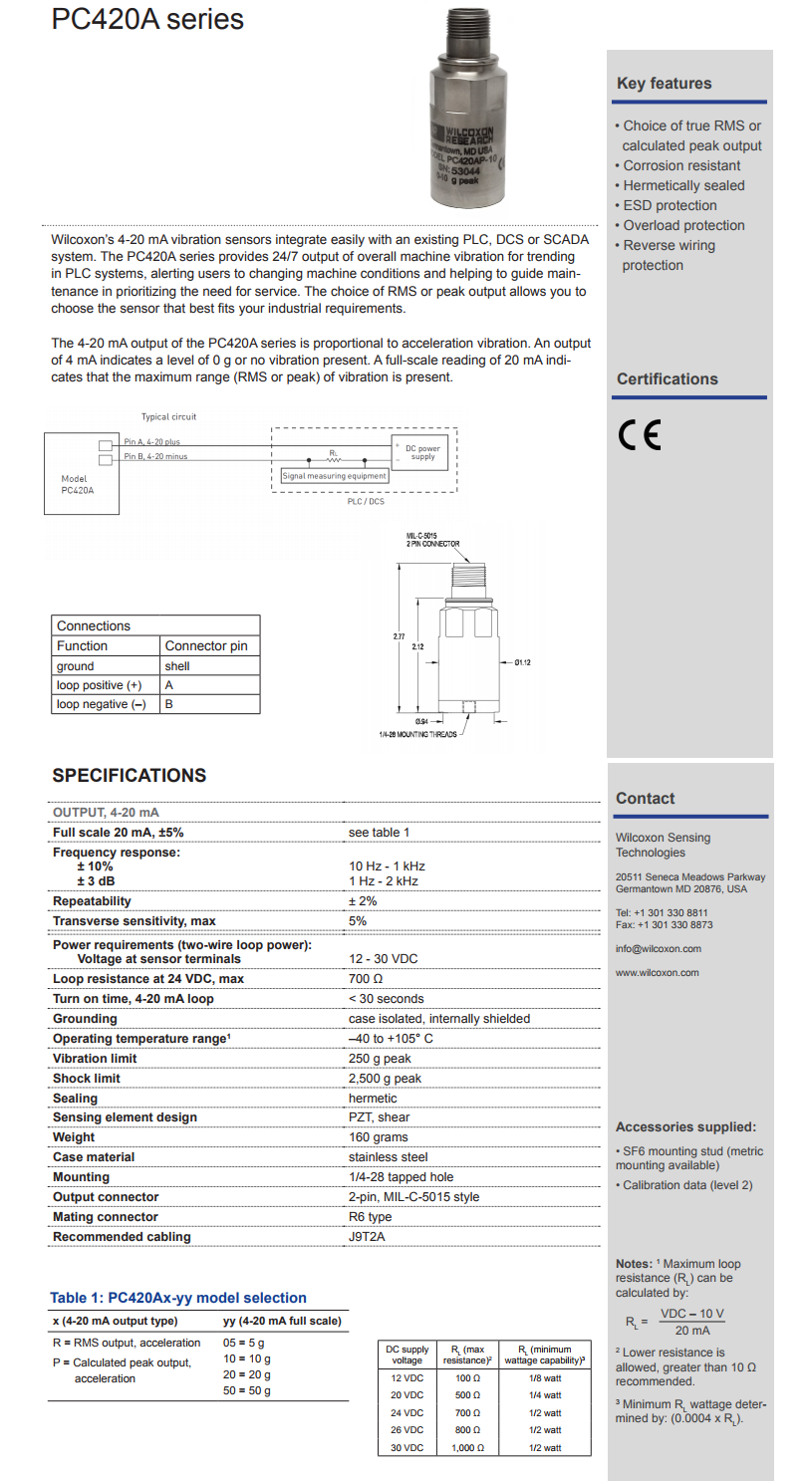 威尔康森4-20mA回路供电振动传感器PC420AR-20型技术参数