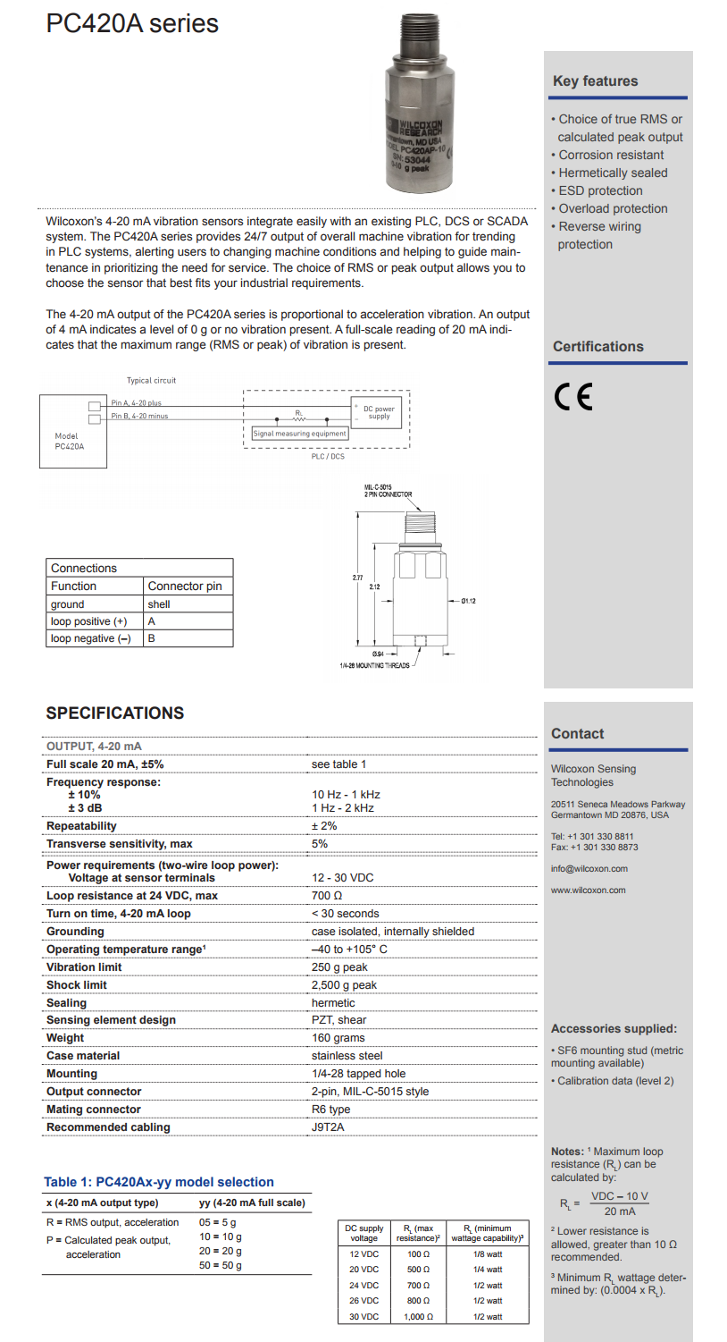 威尔康森4-20mA回路供电振动传感器PC420AP-05型技术参数