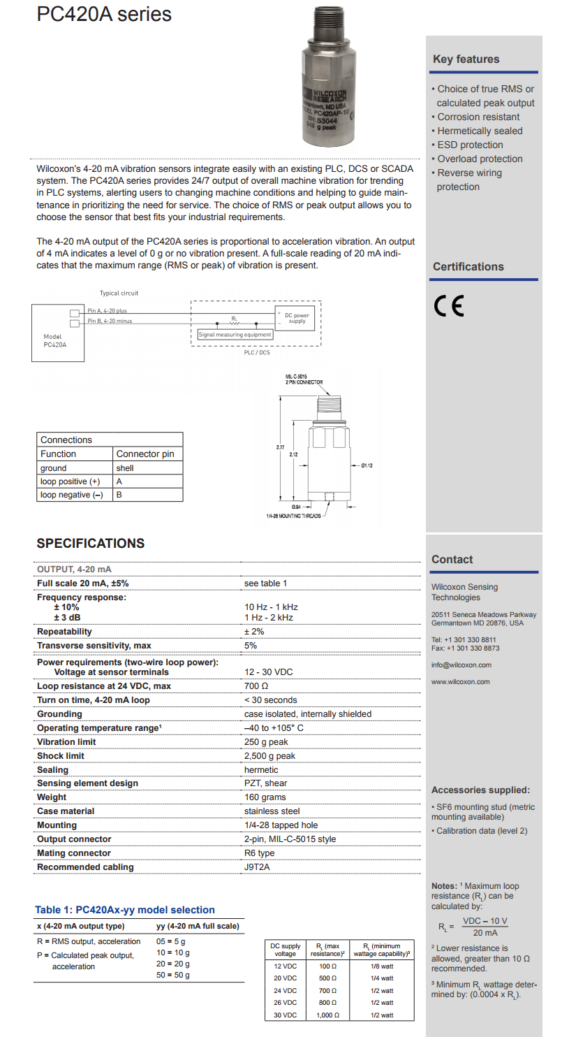 威尔康森4-20mA回路供电振动传感器PC420AP-50型技术参数