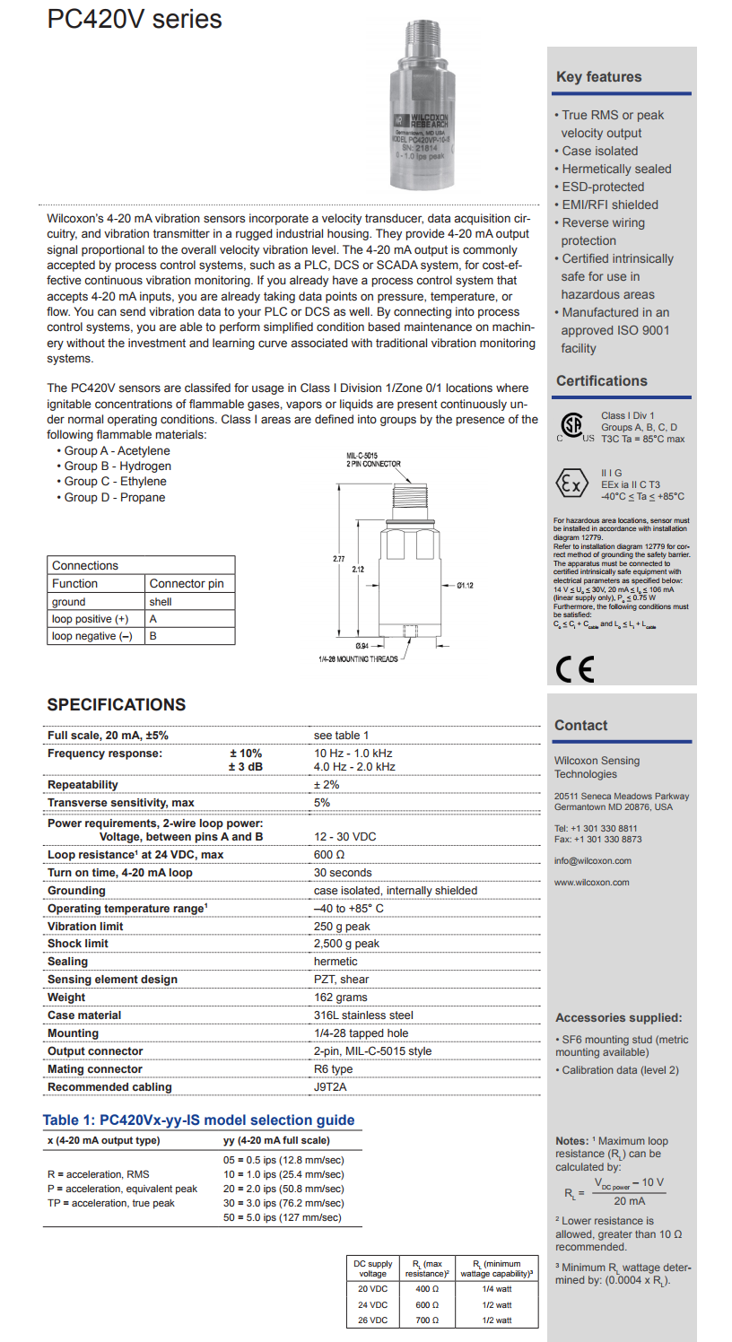 威尔康森回路供电振动传感器PC420VR-05-IS型技术参数