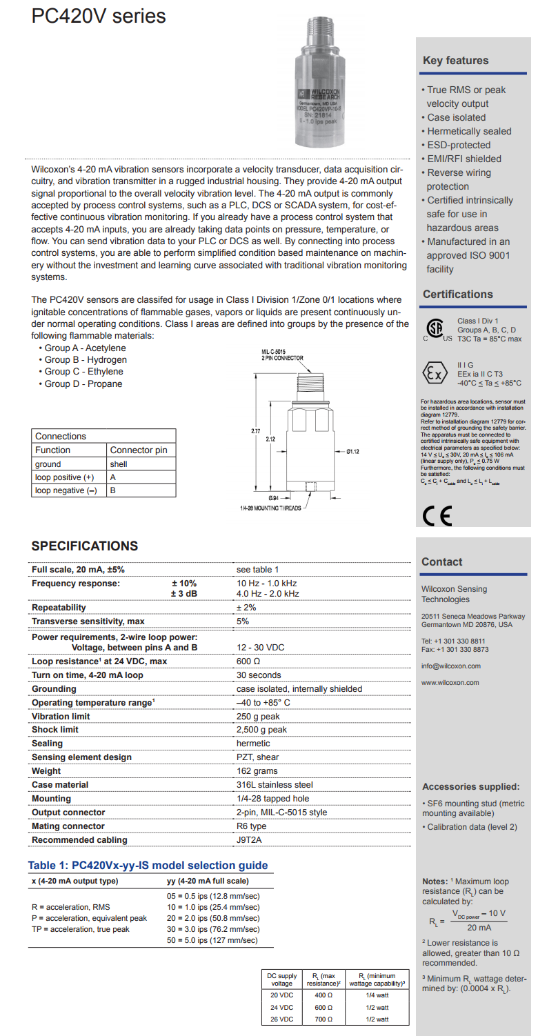 威尔康森回路供电振动传感器PC420VP-30-IS型技术参数