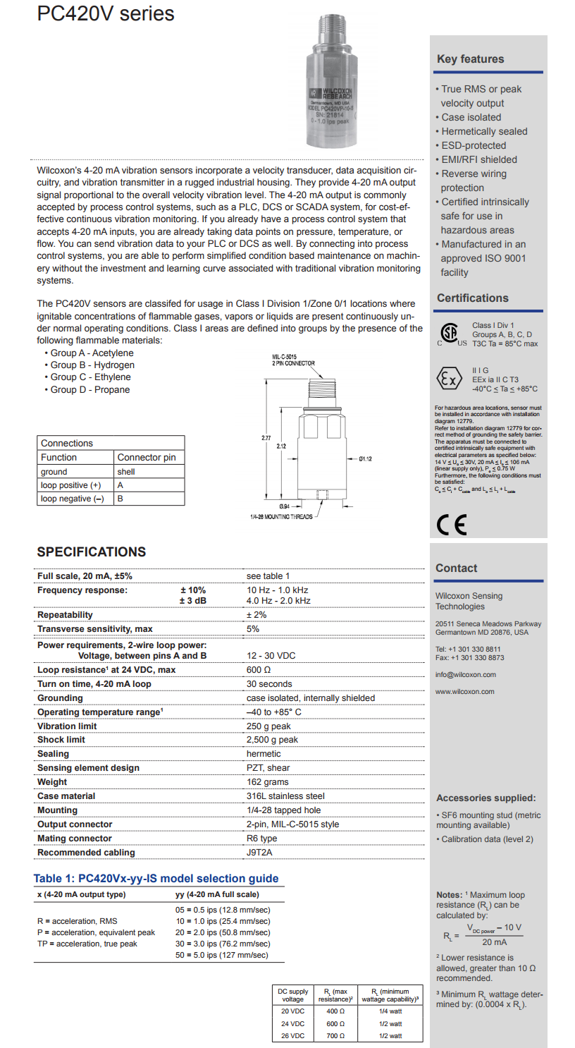 威尔康森回路供电振动传感器PC420VP-50-IS型技术参数