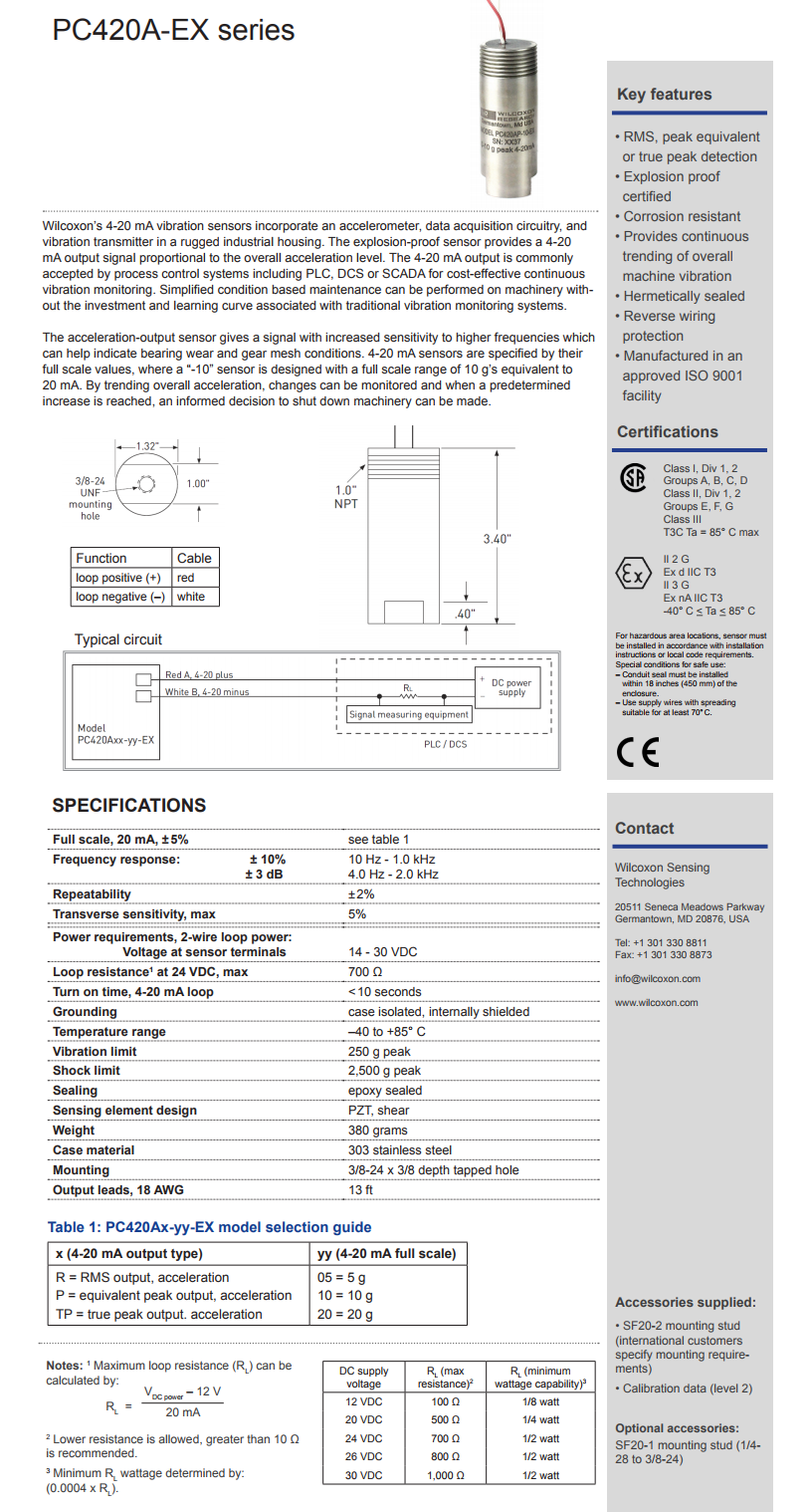 威尔康森回路供电振动传感器PC420AR-20-EX型技术参数