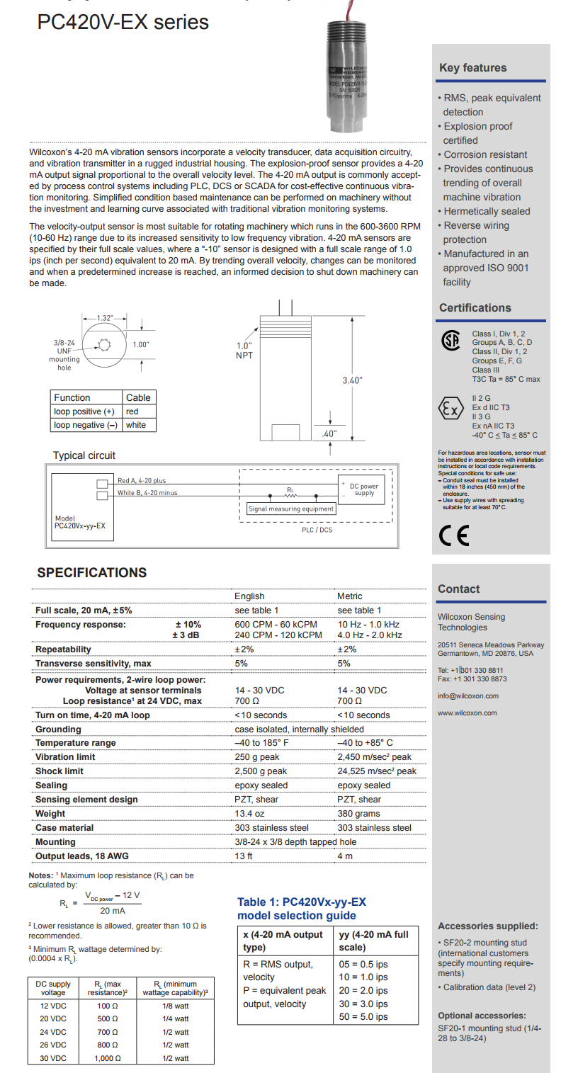威尔康森回路供电振动传感器PC420VR-10-EX型技术参数