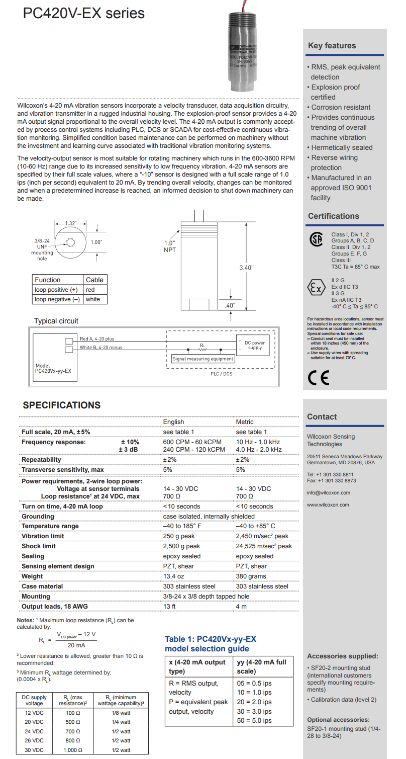 威尔康森回路供电振动传感器PC420VP-05-EX型技术参数