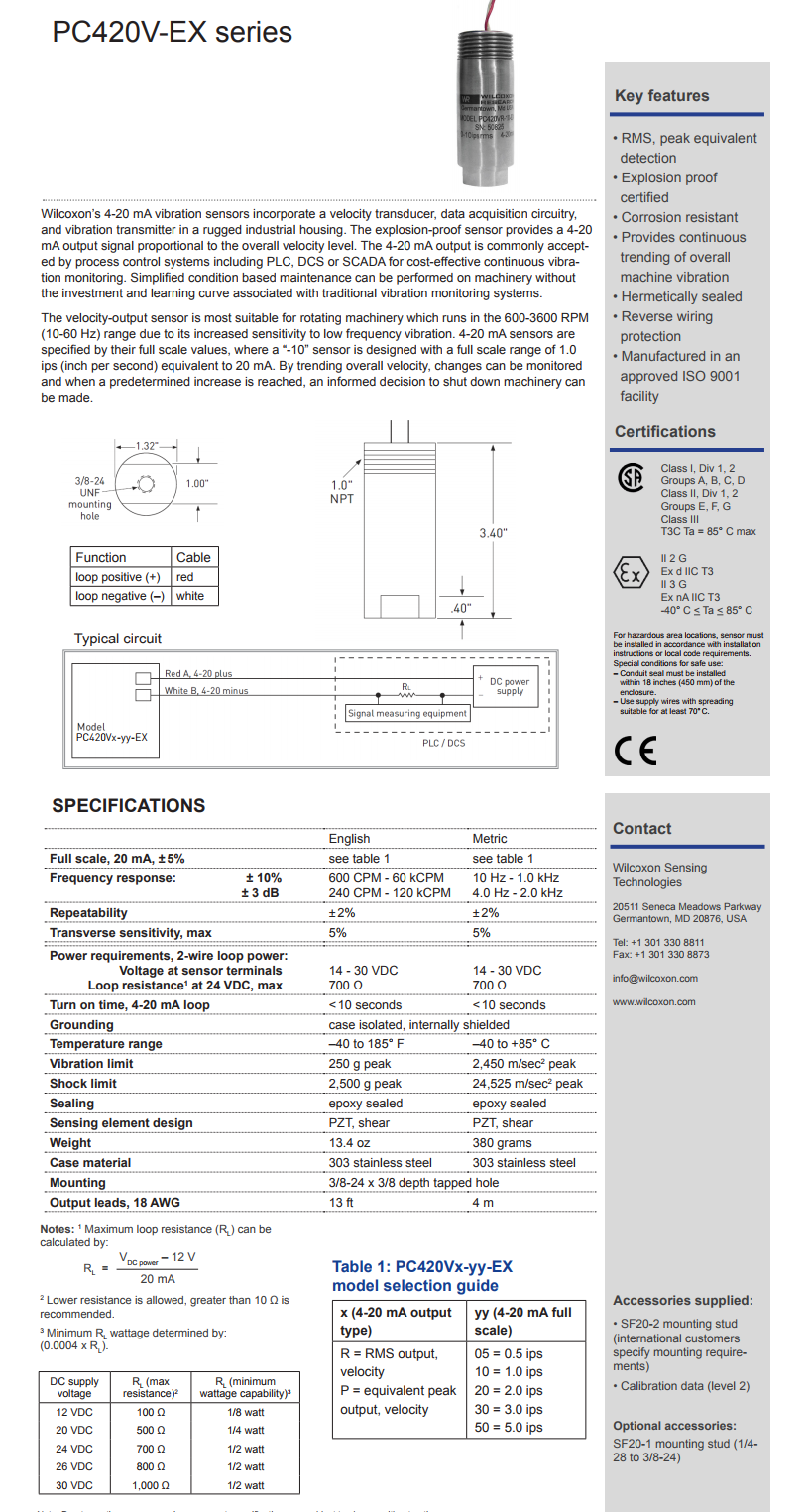 威尔康森回路供电振动传感器PC420VP-10-EX型技术参数