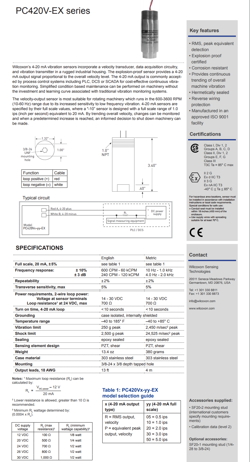 威尔康森回路供电振动传感器PC420VP-20-EX型技术参数