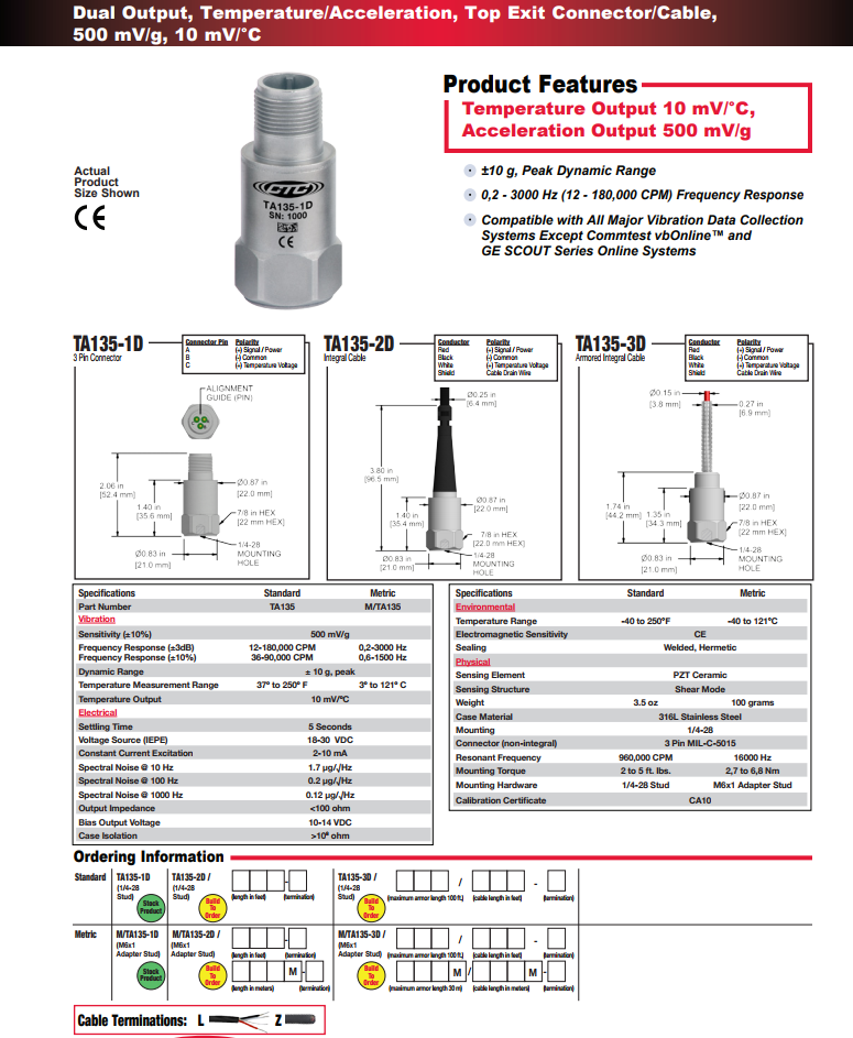 CTC双输出振动传感器TA135技术参数